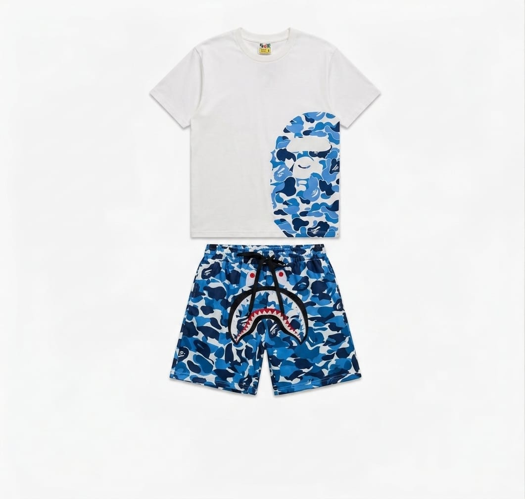 BAPE Blue Camo Shark Shorts & Ape Head Tee Set