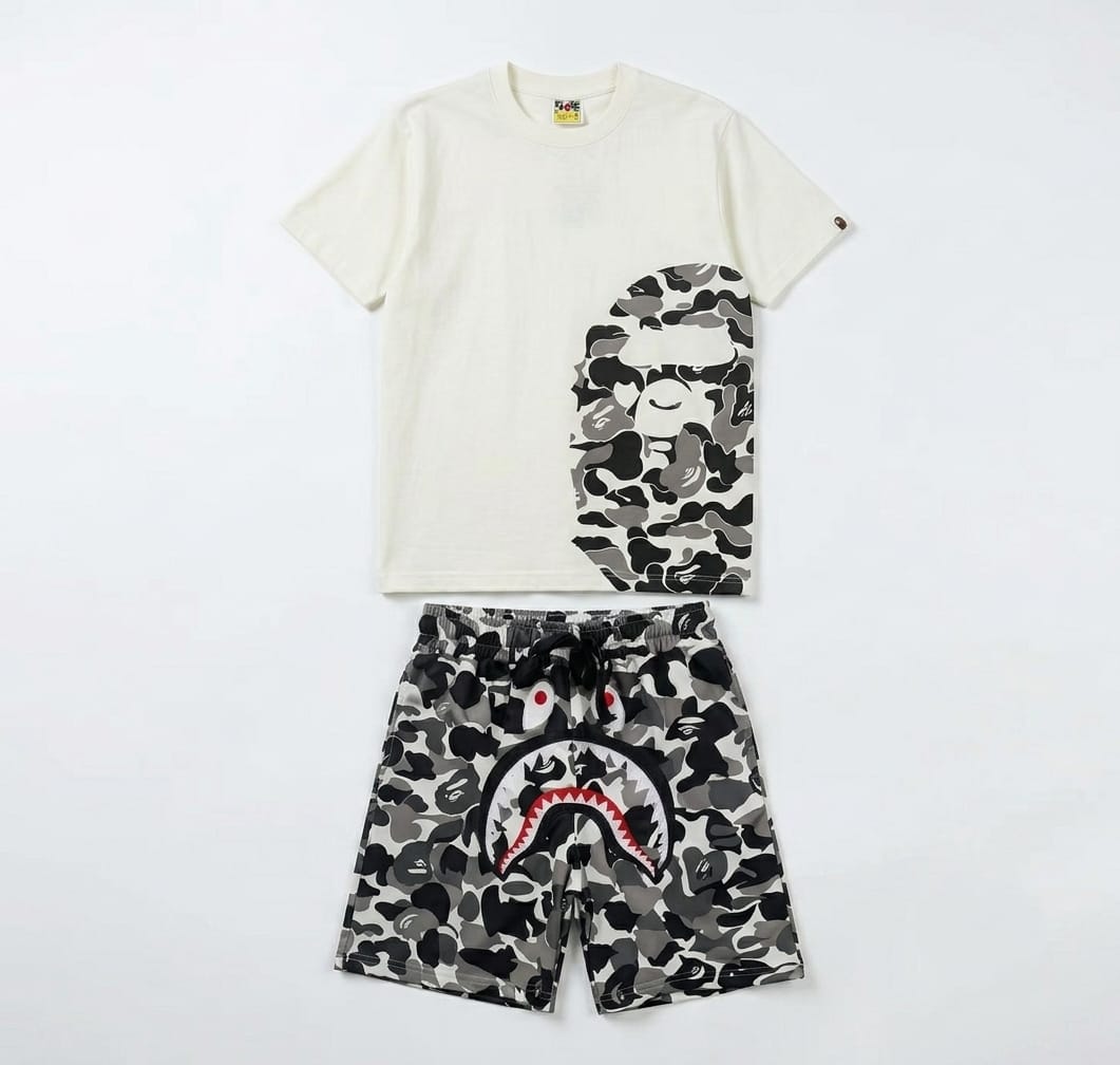 BAPE Blue Camo Shark Shorts & Ape Head Tee Set