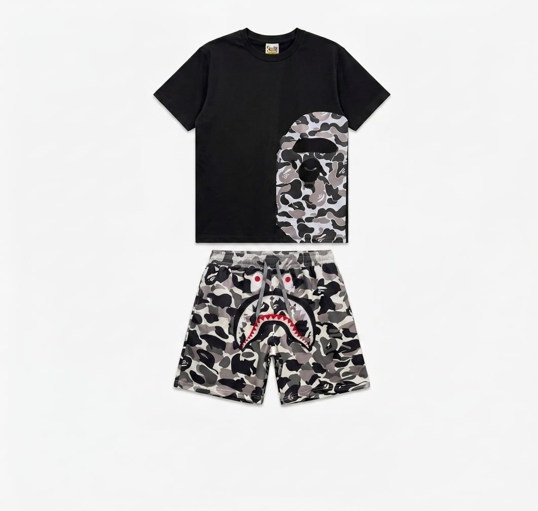 BAPE Blue Camo Shark Shorts & Ape Head Tee Set