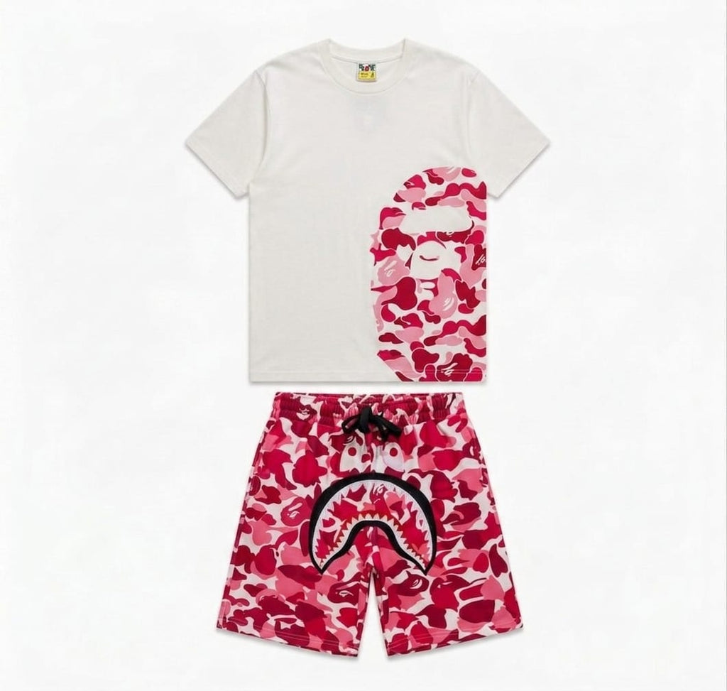 BAPE Blue Camo Shark Shorts & Ape Head Tee Set