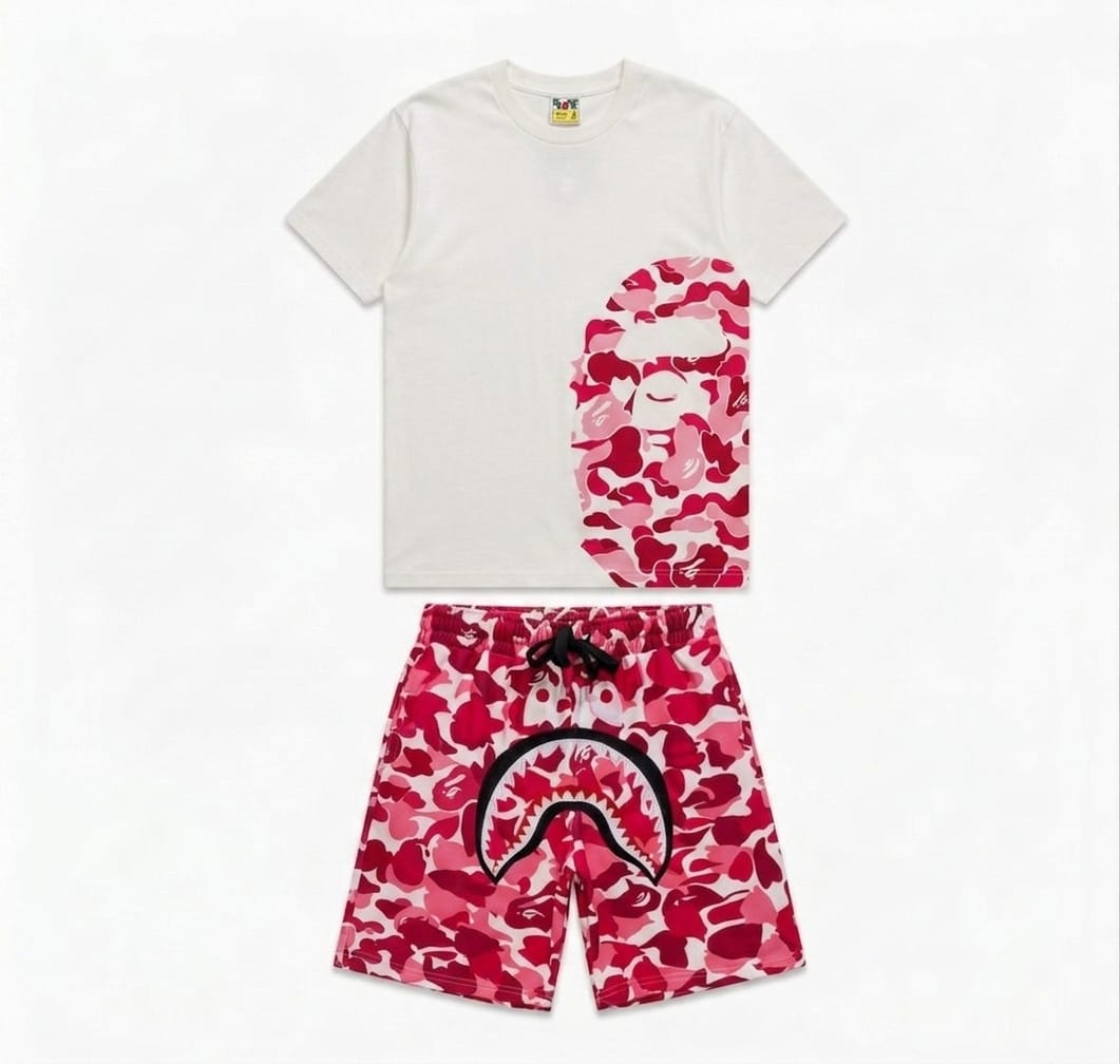 BAPE Blue Camo Shark Shorts & Ape Head Tee Set